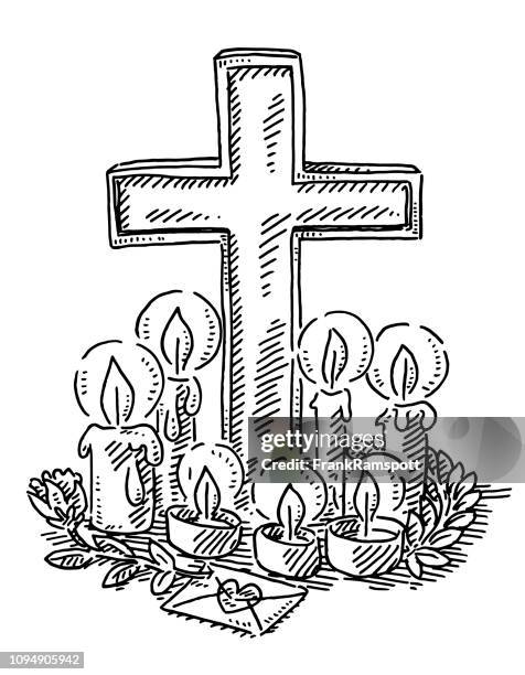 place of mourning cross and candles drawing - cross fire stock illustrations