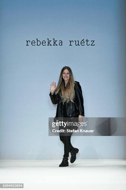 Designer Rebekka Ruetz acknowledges the applause of the audience after her show during the Berlin Fashion Week Autumn/Winter 2019 at ewerk on January...