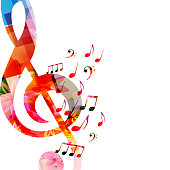 Music background with colorful music notes and G-clef