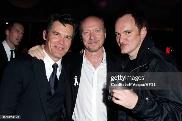 Actor Josh Brolin, director Paul Haggis and director Quentin Tarantino attend the 2011 Vanity Fair Oscar Party Hosted by Graydon Carter at the Sunset...