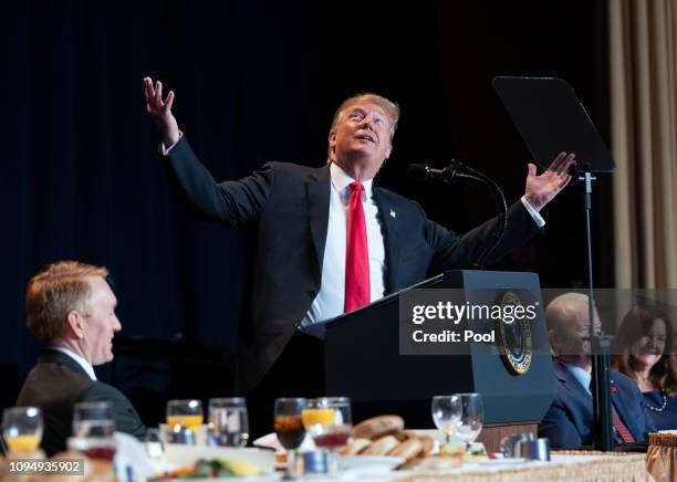 President Donald Trump speaks during the 2019 National Prayer Breakfast on February 7, 2019 in Washington, DC. In his speech Trump assured that his...