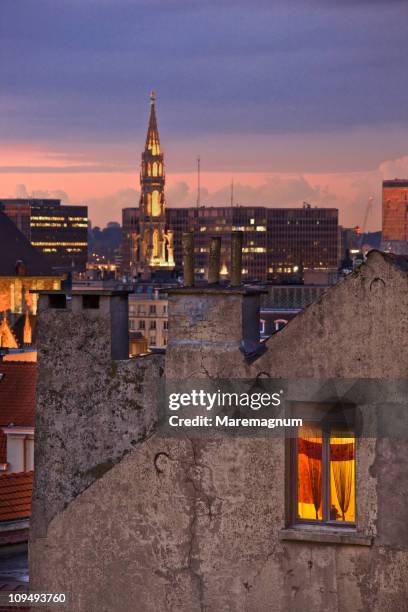 a window, on the background town hall tower - brussels square stock pictures, royalty-free photos & images