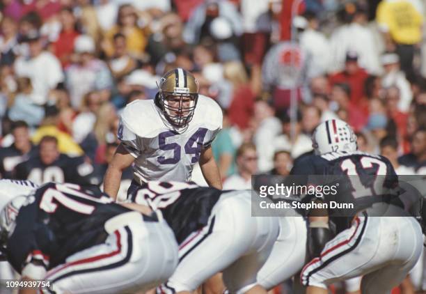 Steve Hoffmann, Defensive Lineman for the University of Washington Huskies watches the Wildcats offensive line during the NCAA Pac-10 Conference...