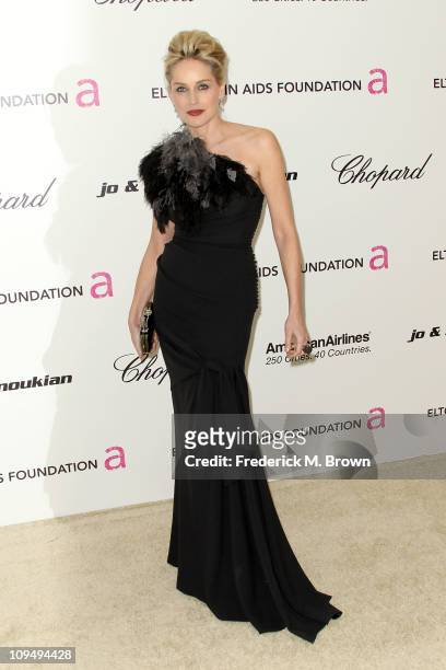 Actress Sharon Stone arrives at the 19th Annual Elton John AIDS Foundation's Oscar viewing party held at the Pacific Design Center on February 27,...