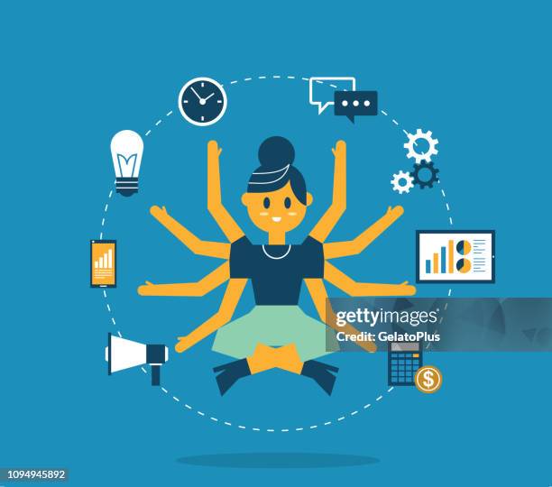stockillustraties, clipart, cartoons en iconen met multitasking - zakenvrouw - multitasken