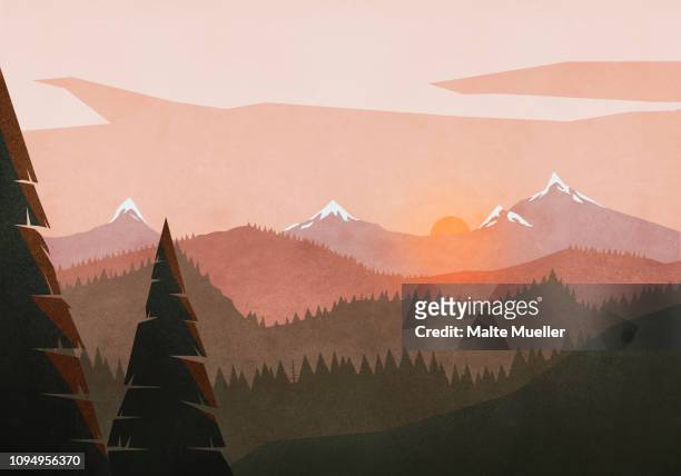 bildbanksillustrationer, clip art samt tecknat material och ikoner med idyllic, tranquil sunset view over mountain and forest landscape - husuthyrning