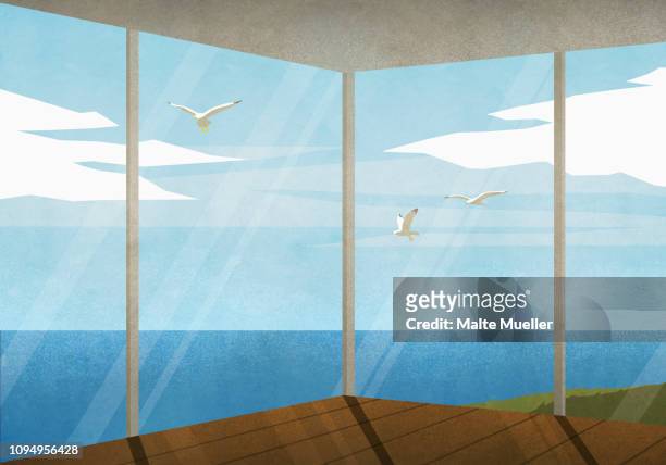 illustrations, cliparts, dessins animés et icônes de seagulls flying outside beach house with ocean view - waterfront