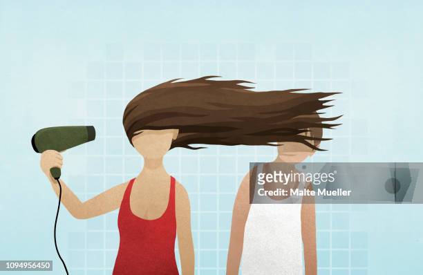 stockillustraties, clipart, cartoons en iconen met woman blow drying hair in mans face - hair dryer