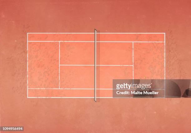 ilustraciones, imágenes clip art, dibujos animados e iconos de stock de view from above tennis ball on clay tennis court - pelota de tenis