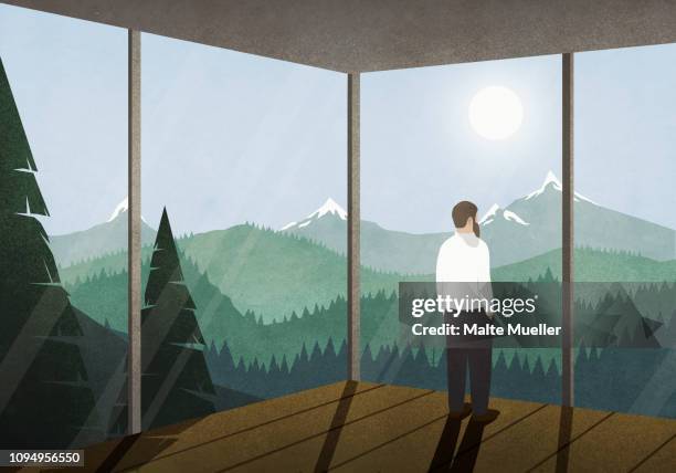 man enjoying idyllic mountain view from house - mann von hinten stock-grafiken, -clipart, -cartoons und -symbole