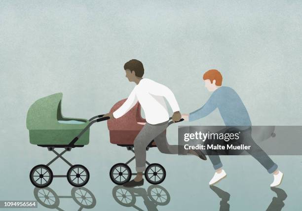 fathers racing baby strollers - baby stroller stock-grafiken, -clipart, -cartoons und -symbole