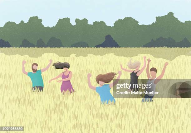 bildbanksillustrationer, clip art samt tecknat material och ikoner med carefree people dancing in rural wheat field - woman outside