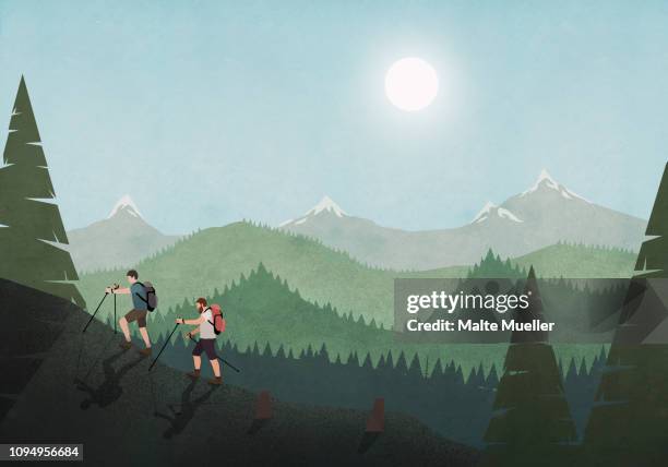 men hiking along idyllic mountain and forest landscape - amazing light stock illustrations