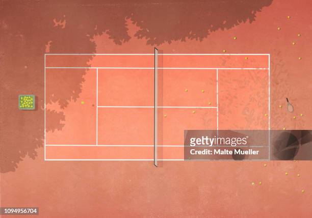 illustrations, cliparts, dessins animés et icônes de view from above tennis balls on clay tennis court - tennis terre battue