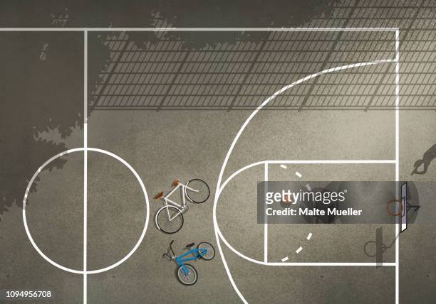 ilustraciones, imágenes clip art, dibujos animados e iconos de stock de view from above bicycles and basketball on basketball court - cancha de baloncesto