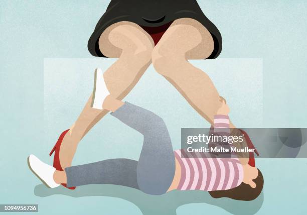 playful child pulling at mothers legs - familie mit einem kind stock-grafiken, -clipart, -cartoons und -symbole