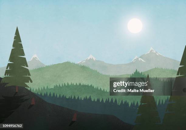 illustrations, cliparts, dessins animés et icônes de sun shining over idyllic mountain and forest landscape - forêt