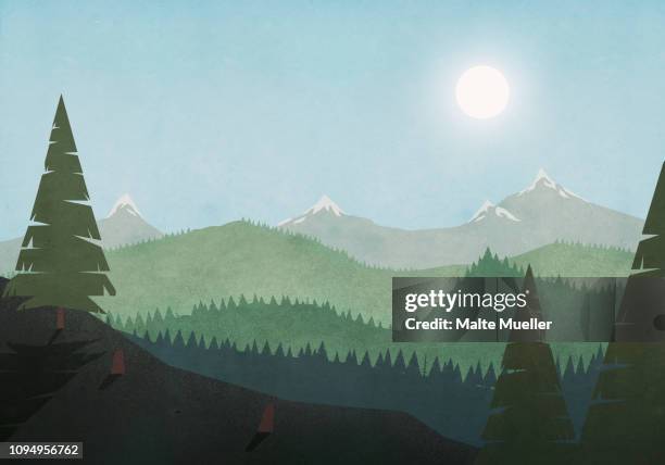 sun shining over idyllic mountain and forest landscape - scary forest background stock illustrations