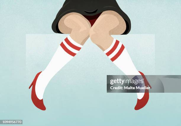 ilustraciones, imágenes clip art, dibujos animados e iconos de stock de woman wearing red high heels and knee-high socks - knees together