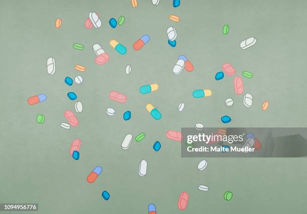 ilustraciones, imágenes clip art, dibujos animados e iconos de stock de variety of medication pills and capsules - medicamento