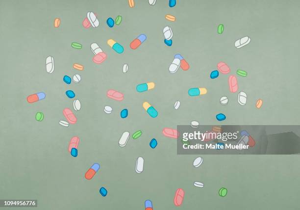 ilustrações, clipart, desenhos animados e ícones de variety of medication pills and capsules - addiction
