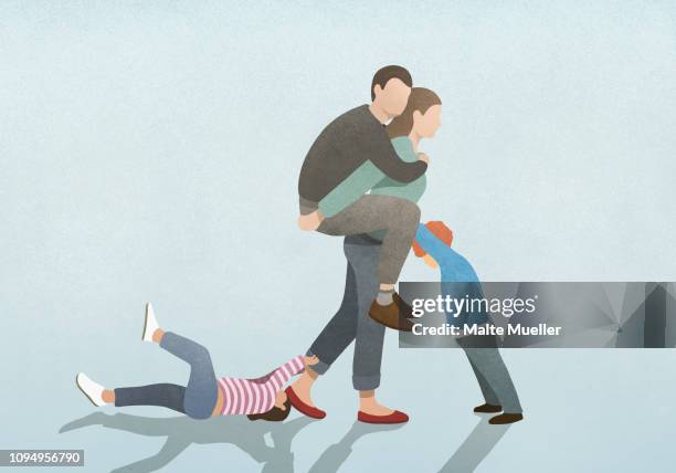 woman burdened by husband on back and children pulling and pushing - familienvater stock-grafiken, -clipart, -cartoons und -symbole