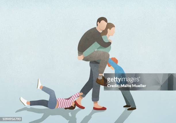 Woman burdened by husband on back and children pulling and pushing