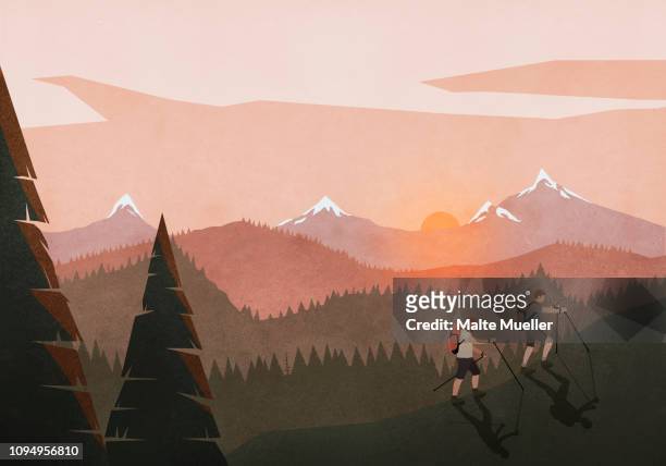 stockillustraties, clipart, cartoons en iconen met men hiking along idyllic, tranquil sunset mountain and forest landscape - exploration