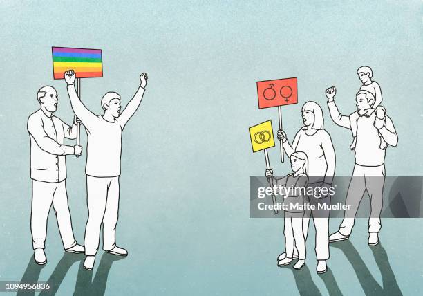 ilustraciones, imágenes clip art, dibujos animados e iconos de stock de lgbtqi pride event participants facing off with opposing family - retos