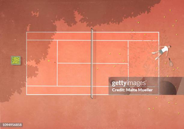 illustrazioni stock, clip art, cartoni animati e icone di tendenza di view from above defeated man laying on clay tennis court surrounded by tennis balls - surrounding