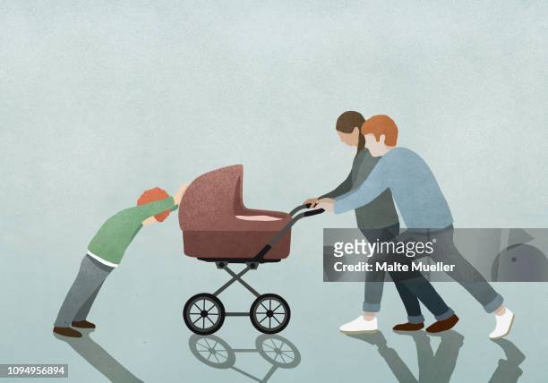 bildbanksillustrationer, clip art samt tecknat material och ikoner med child resisting parents pushing baby stroller - baby stroller