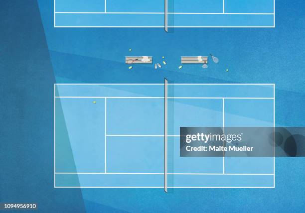 stockillustraties, clipart, cartoons en iconen met view from above blue tennis court - racket