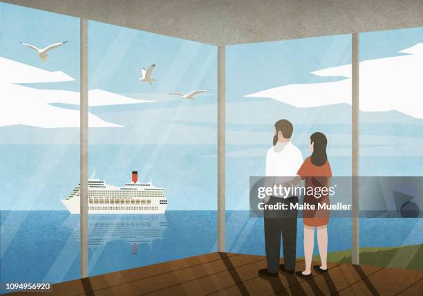 illustrations, cliparts, dessins animés et icônes de couple watching cruise ship passing on ocean from beach house - mains dans les poches