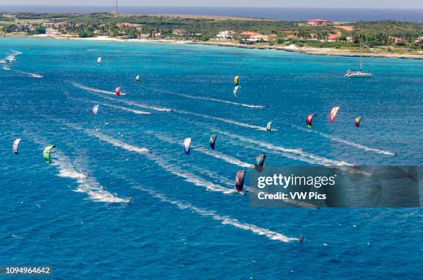 Aerial view of Malmok Beach on the island of Aruba. Place where Kitesurf and Windsurf are practiced.