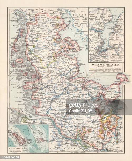 ilustraciones, imágenes clip art, dibujos animados e iconos de stock de mapa topográfico de schleswig-holstein, imperio alemán, litografía, publicado en 1897 - países del golfo