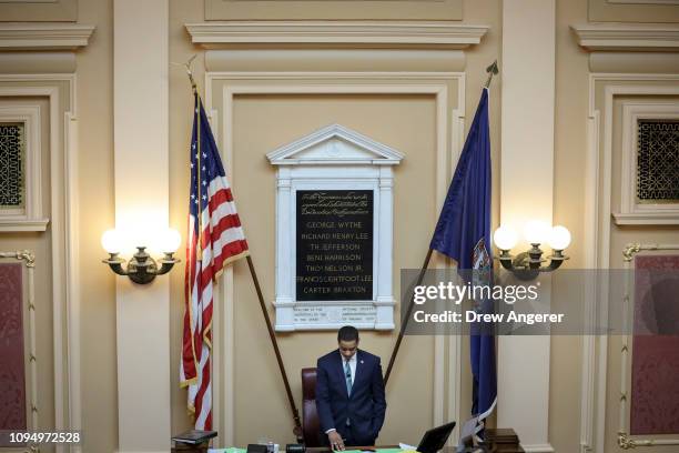 Virginia Lt. Governor Justin Fairfax presides over the Senate at the Virginia State Capitol, February 7, 2019 in Richmond, Virginia. Virginia state...