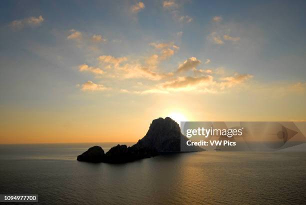 View of popular Es Vedra rock, Ibiza, Spain.