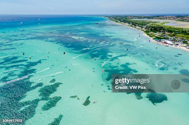 Aerial view of Malmok Beach on the island of Aruba. Place where Kitesurf and Windsurf are practiced.