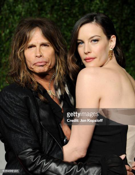 Singer Steven Tyler and actress Liv Tyler arrive at the Vanity Fair Oscar Party held at Sunset Tower on February 27, 2011 in West Hollywood,...