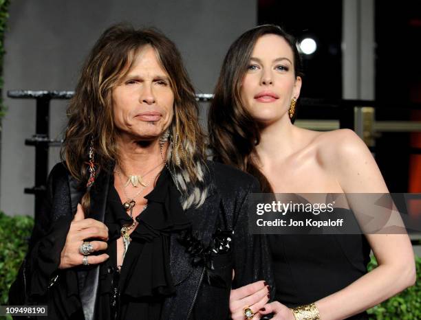 Singer Steven Tyler and actress Liv Tyler arrive at the Vanity Fair Oscar Party held at Sunset Tower on February 27, 2011 in West Hollywood,...