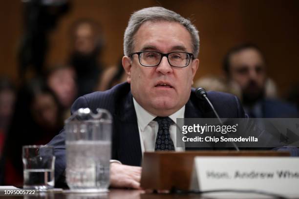 Andrew Wheeler answers senators' questions during his confirmation hearing to be the next administrator of the Environmental Protection Agency before...