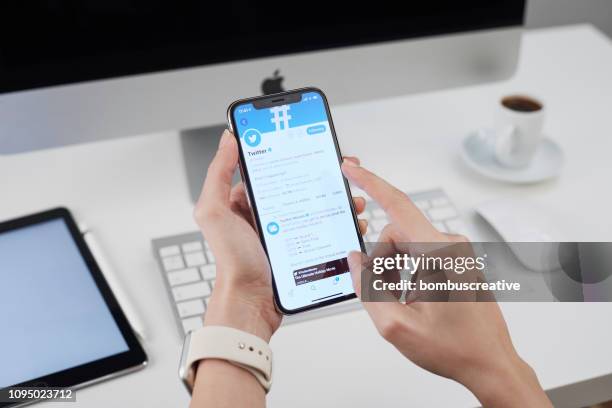 twitter profile on apple iphone x - looking at iphone x stock pictures, royalty-free photos & images
