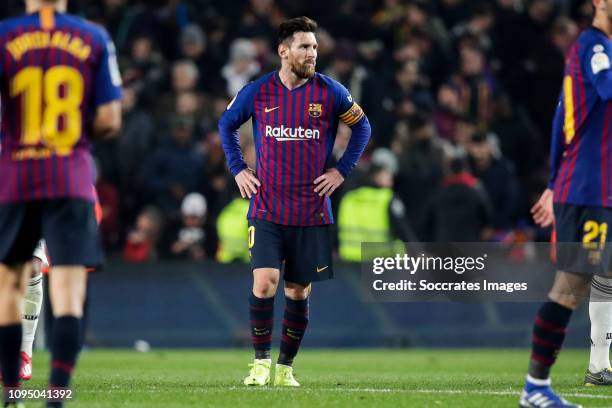 Lionel Messi of FC Barcelona during the Spanish Copa del Rey match between FC Barcelona v Real Madrid at the Camp Nou on February 6, 2019 in...