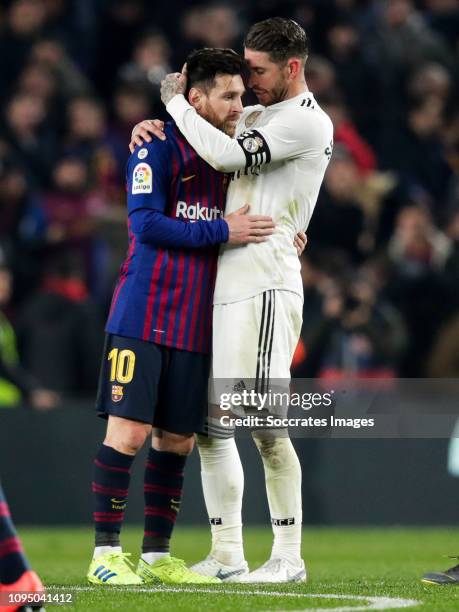 Lionel Messi of FC Barcelona, Sergio Ramos of Real Madrid during the Spanish Copa del Rey match between FC Barcelona v Real Madrid at the Camp Nou on...