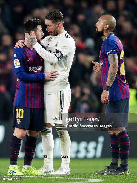 Lionel Messi of FC Barcelona, Sergio Ramos of Real Madrid, Arturo Vidal of FC Barcelona during the Spanish Copa del Rey match between FC Barcelona v...