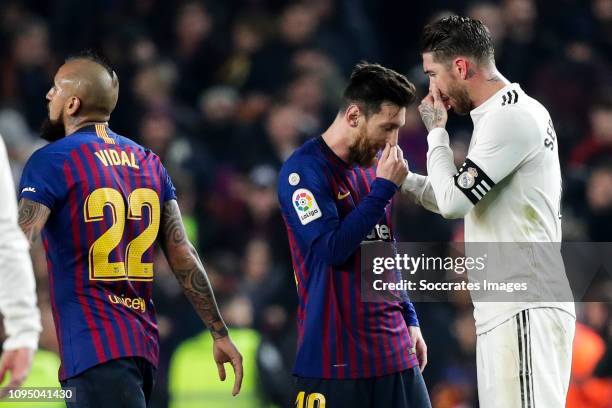 Arturo Vidal of FC Barcelona, Lionel Messi of FC Barcelona, Sergio Ramos of Real Madrid during the Spanish Copa del Rey match between FC Barcelona v...