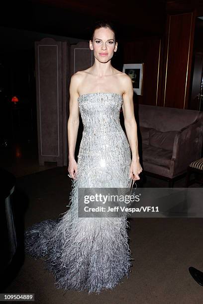 Actress Hilary Swank attends the 2011 Vanity Fair Oscar Party Hosted by Graydon Carter at the Sunset Tower Hotel on February 27, 2011 in West...