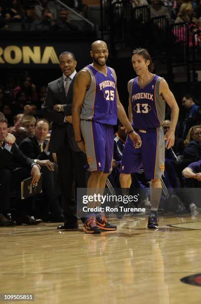 Phoenix Suns shooting guard Vince Carter and Phoenix Suns point guard Steve Nash confer during the game against the Toronto Raptors during a game on...