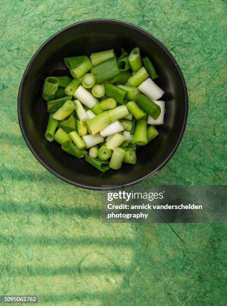 chopped spring onion - cebolla de primavera fotografías e imágenes de stock