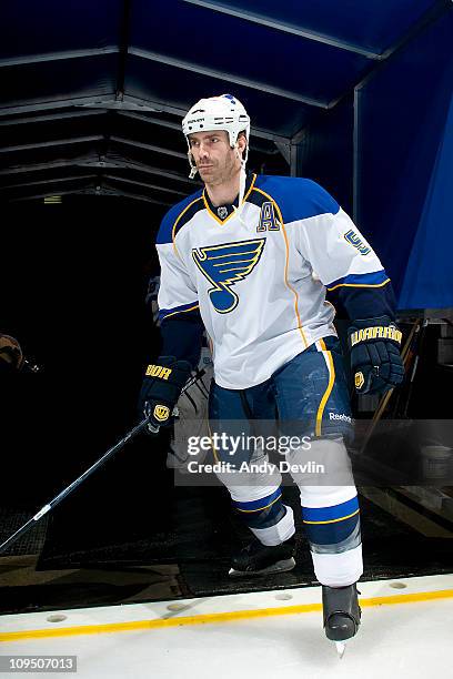 Barret Jackman of the St. Louis Blues steps on to the ice for a game against the Edmonton Oilers at Rexall Place on February 25, 2011 in Edmonton,...